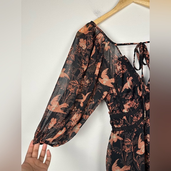 Free People You're A Jewel Maxi Dress Chiffon Black Rose Bird Print Floral Sz XS - Picture 5 of 11
